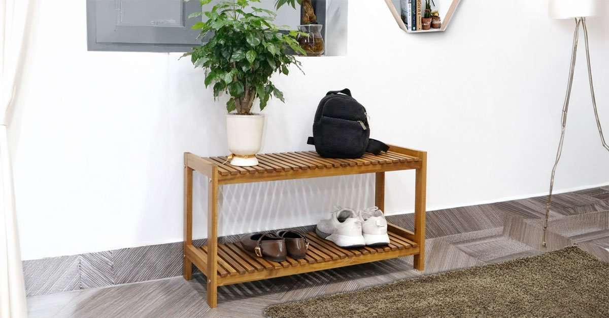 acacia wood shoe rack detail showing natural wood grain and open modular tier design