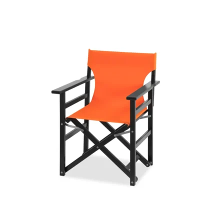 Acacia wood director chair with black frame and orange seat