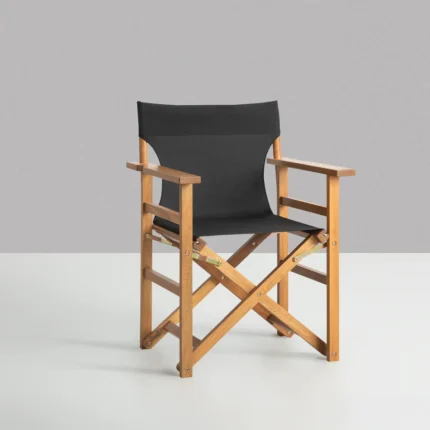 Acacia wood director chair with natural wood frame and black seat