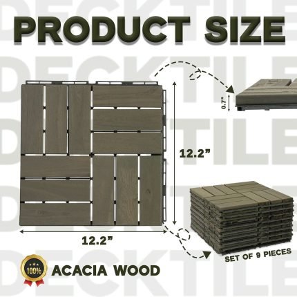 Square Joint Acacia Wood Deck Tiles, 12-Slat Interlocking Design for Indoor & Outdoor (Set of 27)