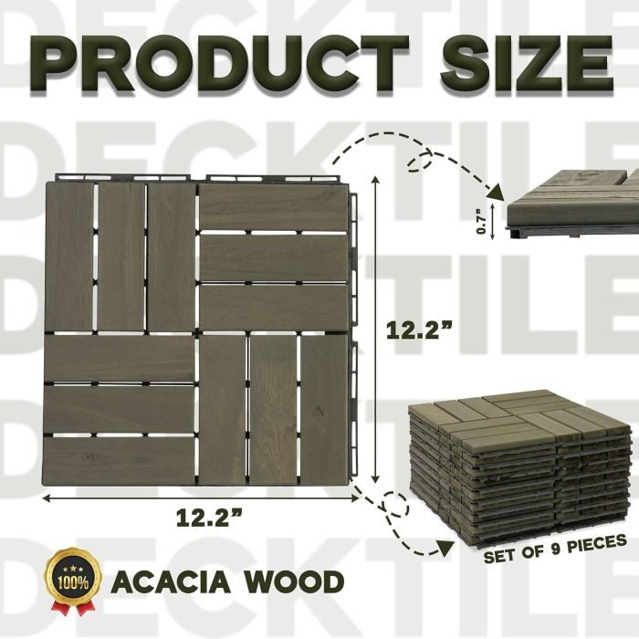 Square Joint Acacia Wood Deck Tiles, 12-Slat Interlocking Design for Indoor & Outdoor (Set of 27)