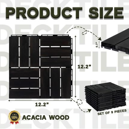 Square Joint Acacia Wood Deck Tiles, 12-Slat Interlocking Design for Indoor & Outdoor (Set of 27)