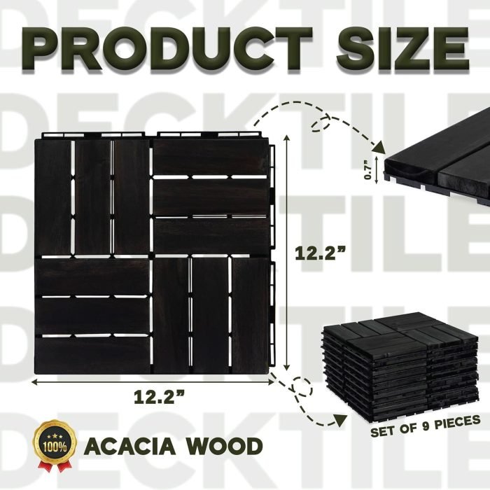 Square Joint Acacia Wood Deck Tiles, 12-Slat Interlocking Design for Indoor & Outdoor (Set of 27)