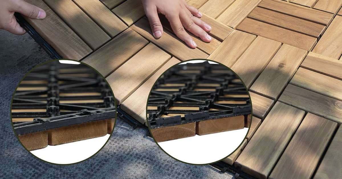 Deck Tiles - 27 Pcs 12 Slats Interlocking - C12 3 27-piece acacia deck tile set C12 covering a rooftop patio area