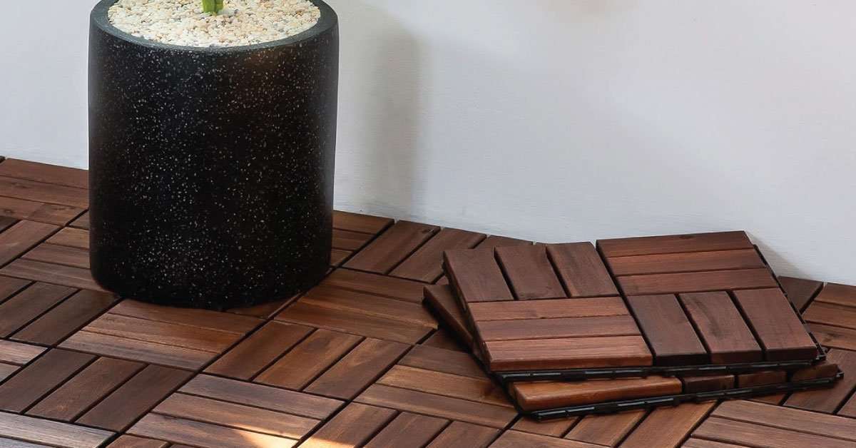 Deck Tiles - 27 Pcs 12 Slats Interlocking - C12 1 Acacia wood C12 deck tiles 12 slats installed on an outdoor balcony surface