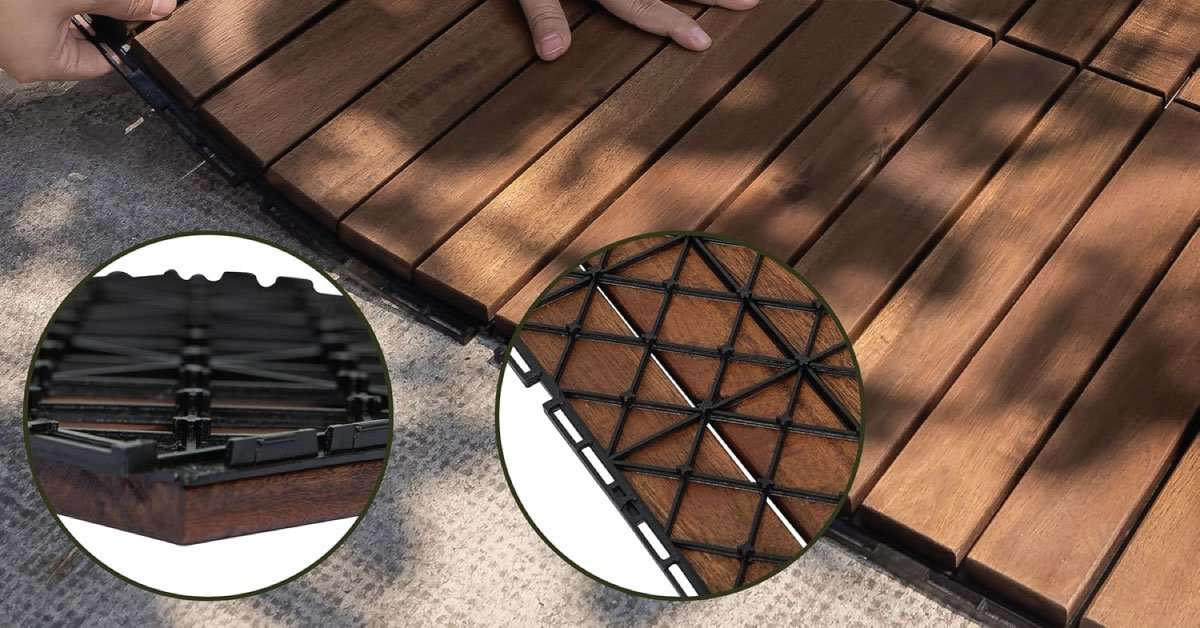 Close-up of interlocking tab mechanism connecting acacia deck tiles without tools