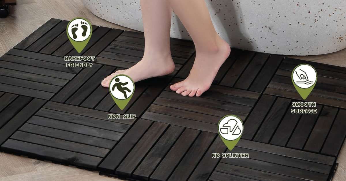 Acacia wood interlocking deck tiles 6 slats C12 installed on an outdoor balcony surface