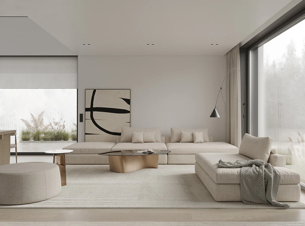 living room trends 2026 soft minimalism with warm tones and comfortable furniture