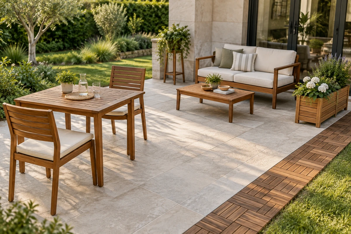 Acacia wood garden furniture arranged for dining and lounging with clear patio space