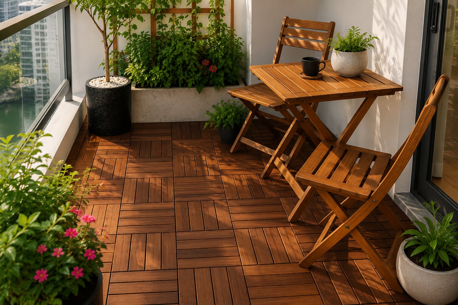 Acacia vs Composite Deck Tiles: Which Outdoor Floor Wins? 3 acacia vs composite deck tiles - acacia wood tiles installed on an outdoor balcony