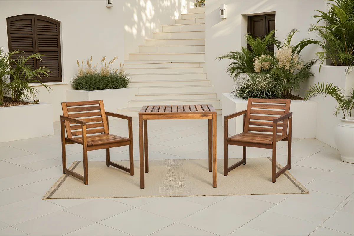 Acacia Wood Patio Chairs Set of 2 – Modern Outdoor Armchairs 1 acacia wood patio chairs arranged in a bright indoor outdoor living space