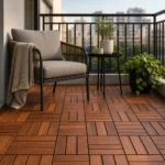 best deck tiles for balcony - acacia wood tiles on an outdoor balcony