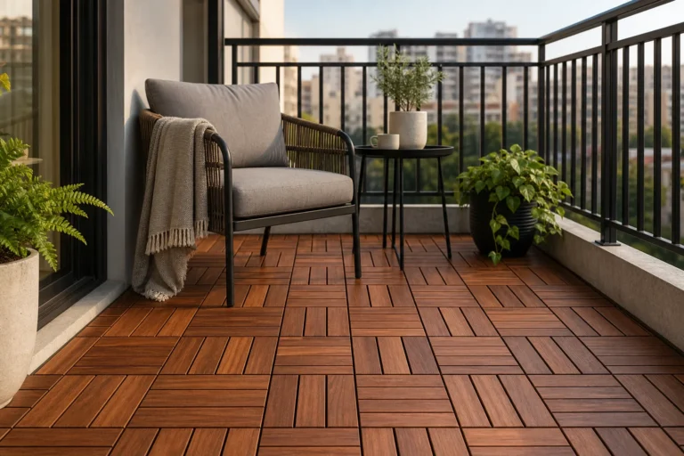 best deck tiles for balcony - acacia wood tiles on an outdoor balcony