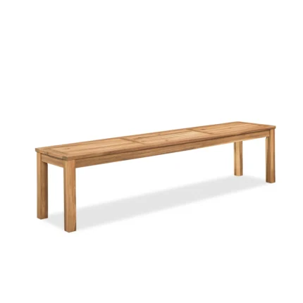 Solid acacia wood slatted outdoor backless bench on white background