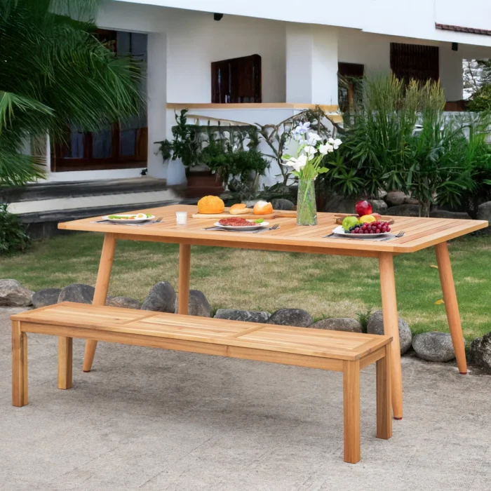 Solid Acacia Wood Slatted Outdoor Backless Bench