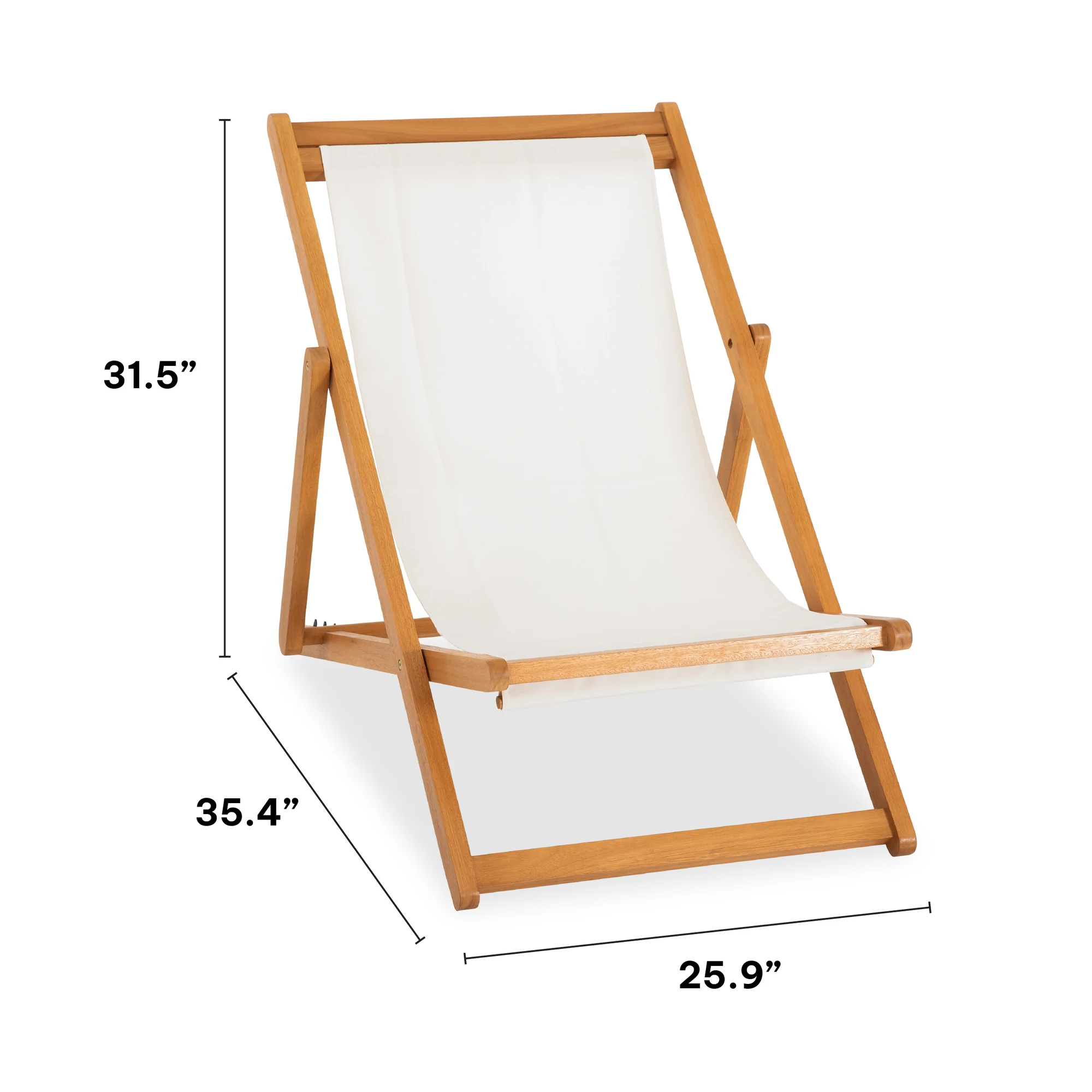 Eucalyptus folding deck chair dimensions: 31.5 by 25.9 by 35.4 inches