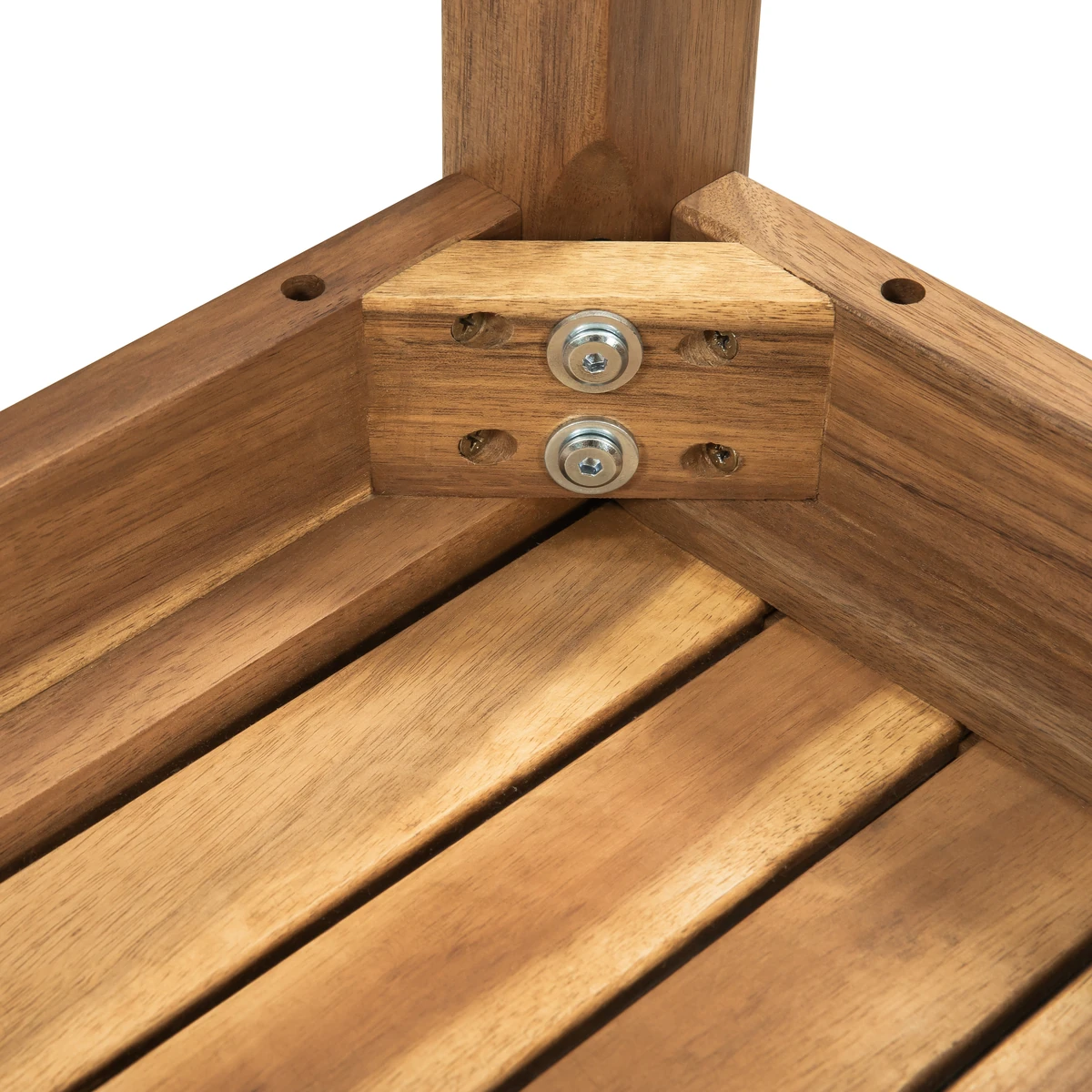 Acacia bench assembly hardware and reinforced corner detail