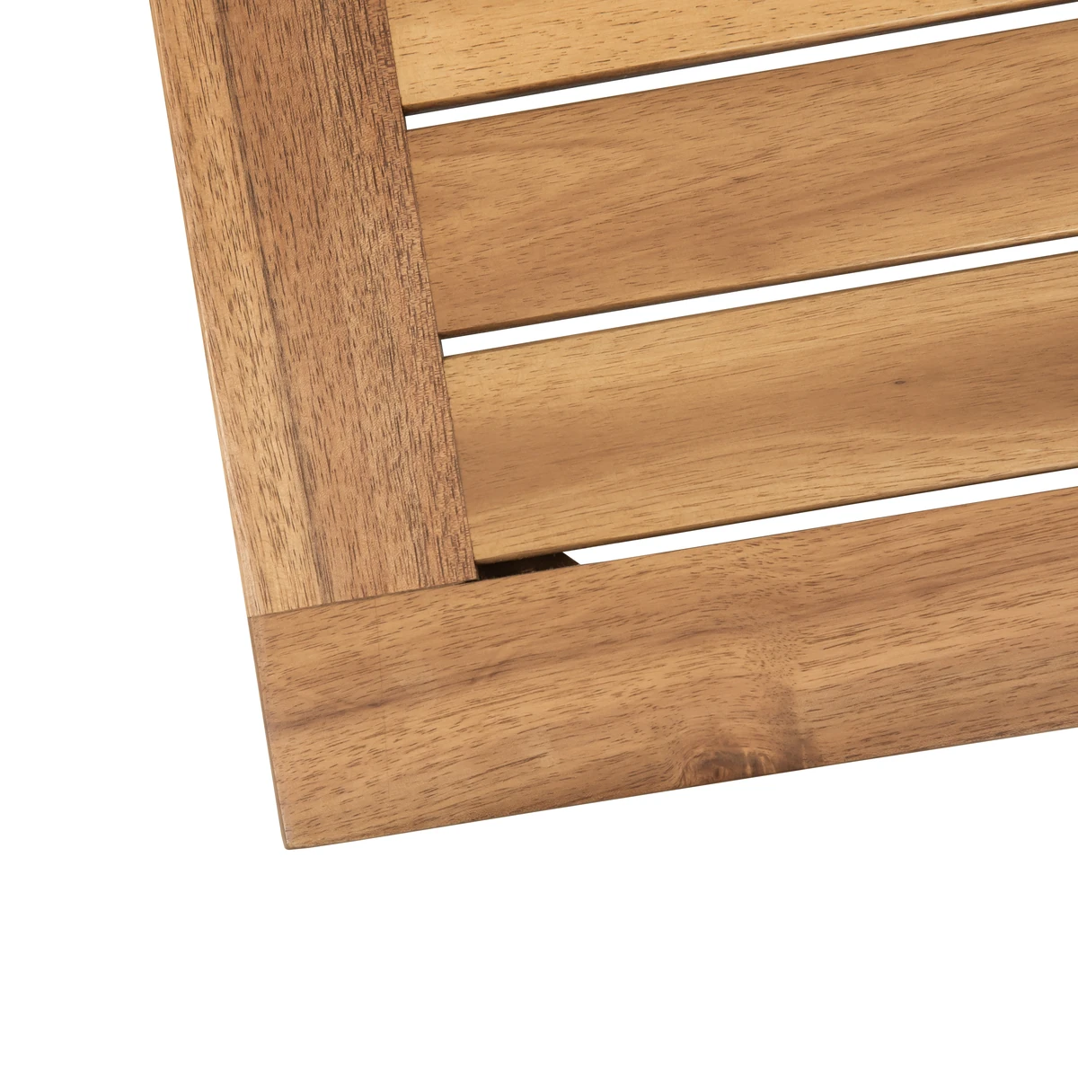 Close view of the acacia wood slatted bench seat