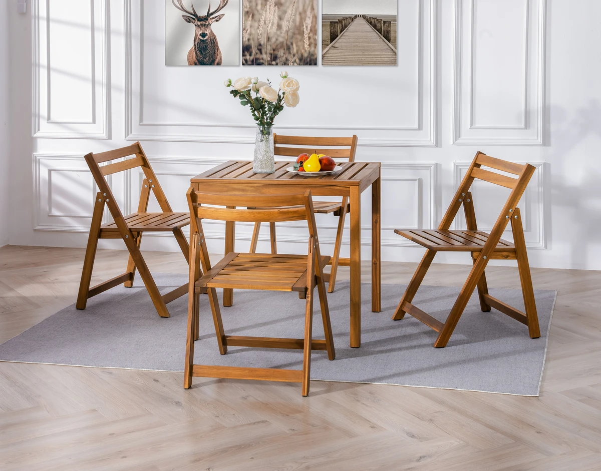 acacia wood dining chairs arranged around a compact indoor table