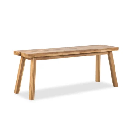 Acacia wood bench in natural finish, angled view on a white background
