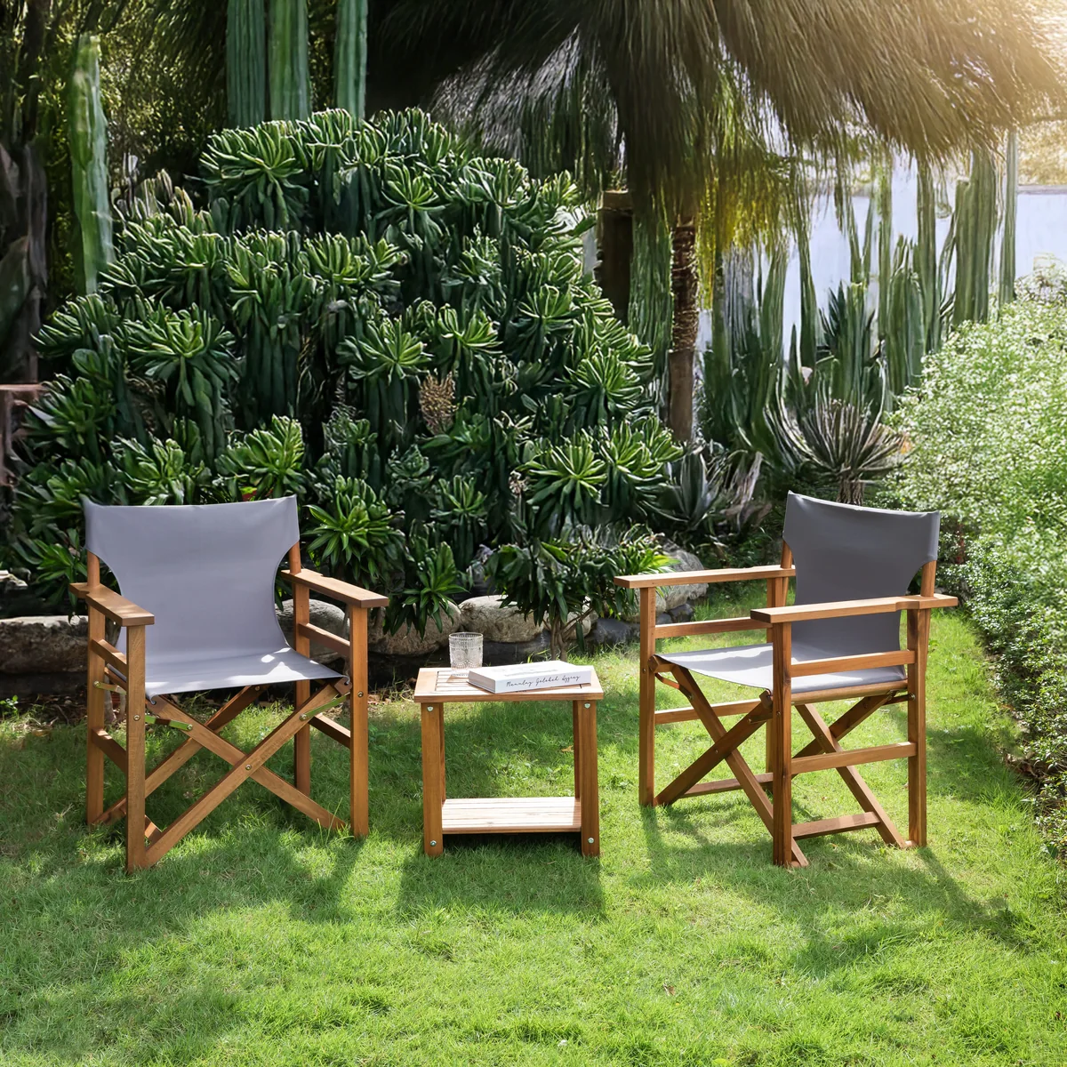 gray acacia wood director chair set of 2 arranged in a garden seating area