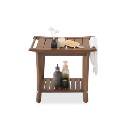 2-Tier Acacia Wood Shower Stool with Storage Shelf