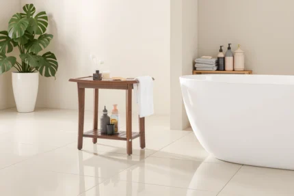 2-Tier Acacia Wood Shower Stool with Storage Shelf