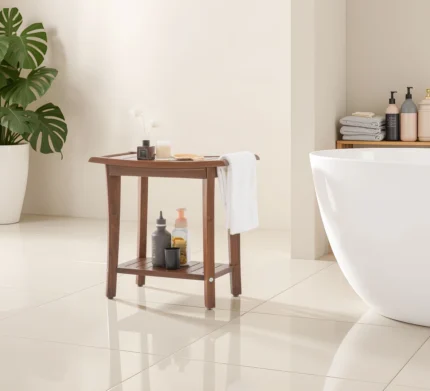 2-Tier Acacia Wood Shower Stool with Storage Shelf