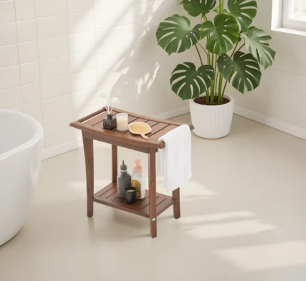 2-Tier Acacia Wood Shower Stool with Storage Shelf