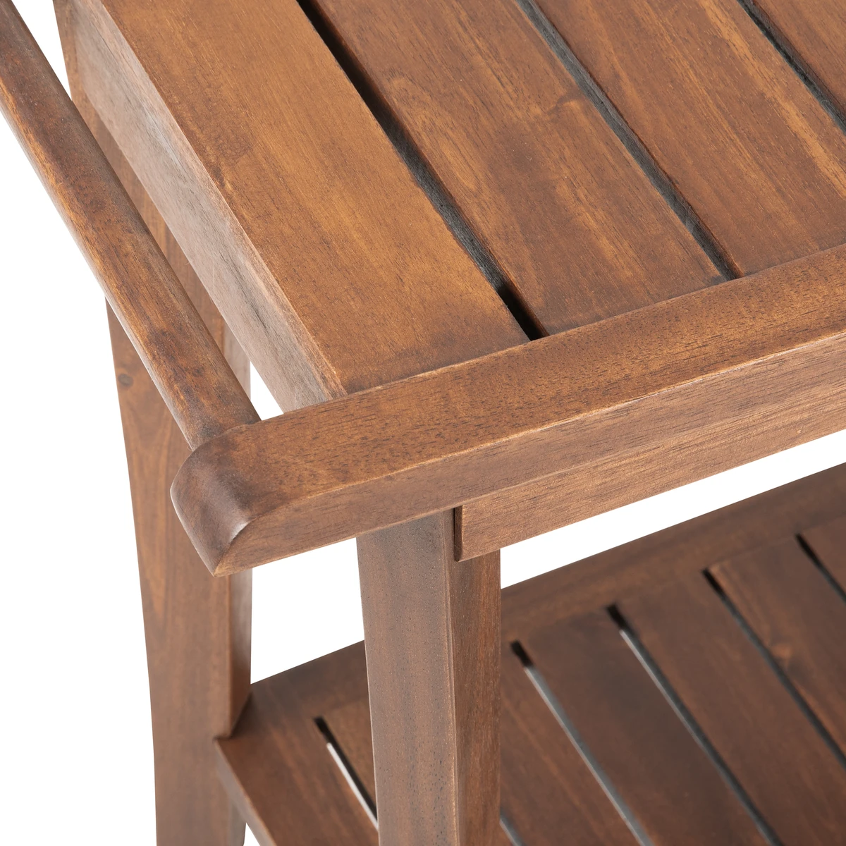 close view of solid acacia wood grain and slatted shower stool construction