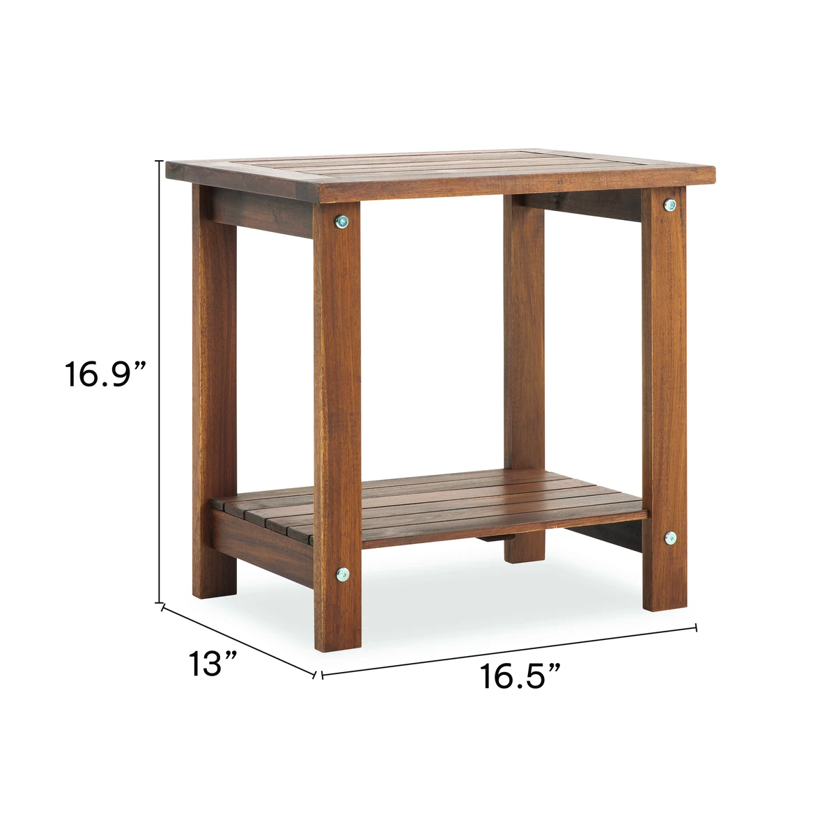 brown Adirondack side table dimensions 16.5 inches long 13 inches wide and 16.9 inches high