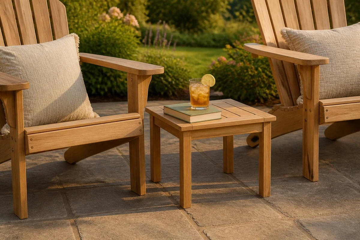 Compact acacia wood side table placed between two Adirondack chairs