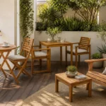 Three acacia wood outdoor table styles arranged for balcony, dining and lounge spaces
