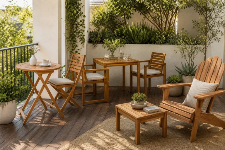 Three acacia wood outdoor table styles arranged for balcony, dining and lounge spaces