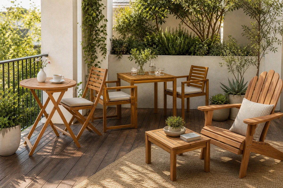 Three acacia wood outdoor table styles arranged for balcony, dining and lounge spaces