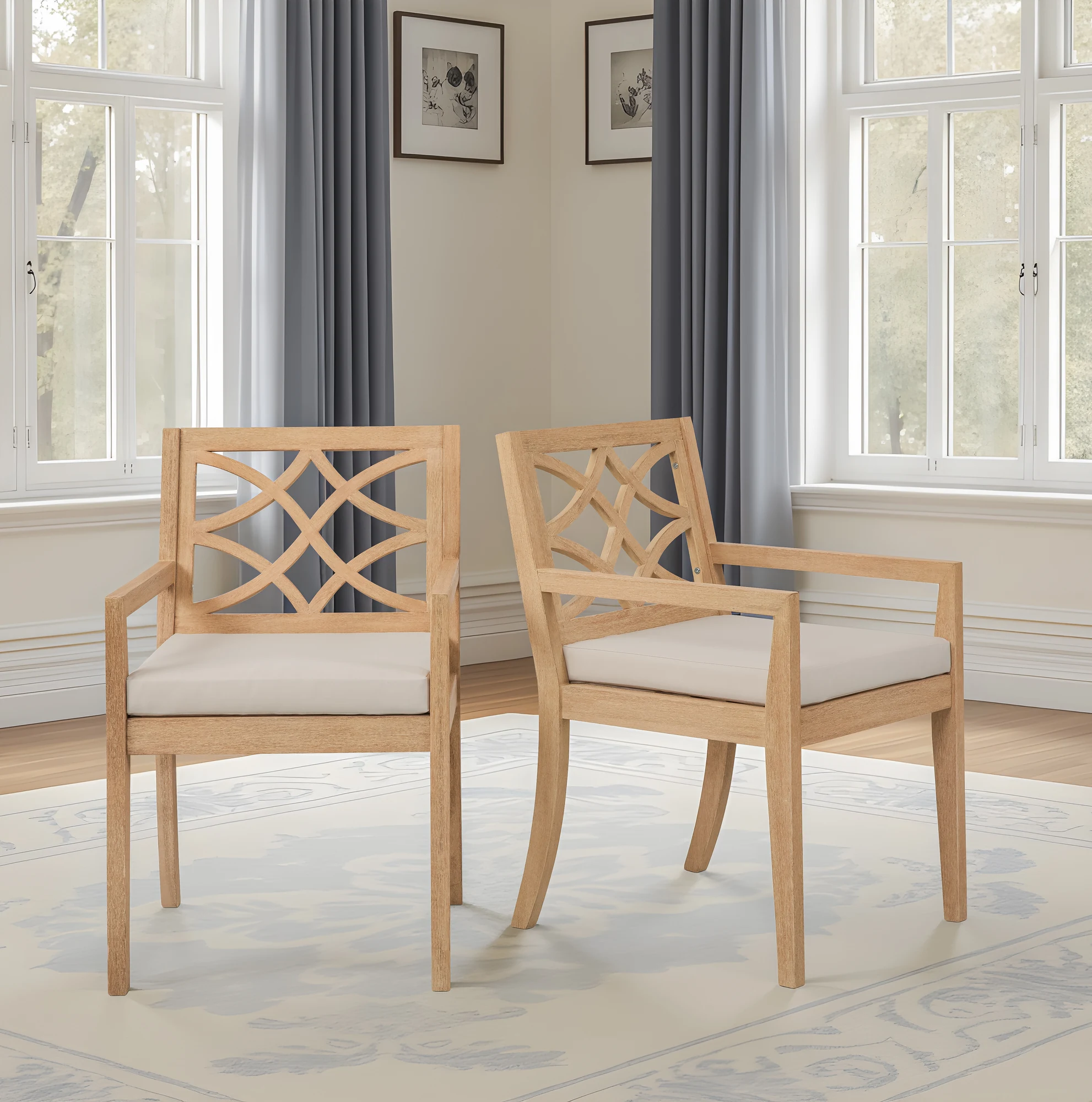 Tan eucalyptus patio dining chairs arranged beside a pool