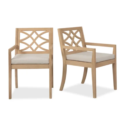 Set of two cream cushion and tan eucalyptus patio dining chairs