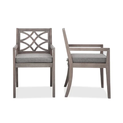 Gray eucalyptus patio dining chairs with matching removable seat cushions