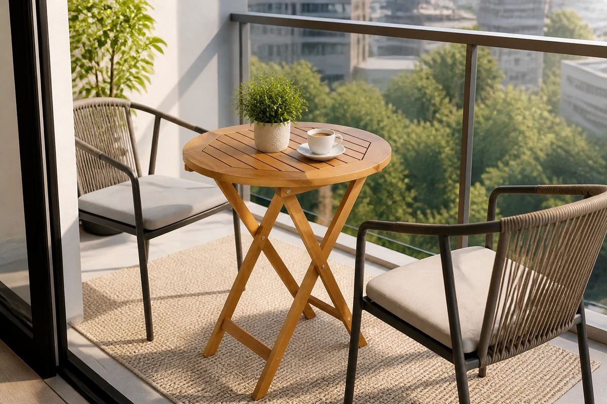 Foldable round acacia wood outdoor table on a compact apartment balcony
