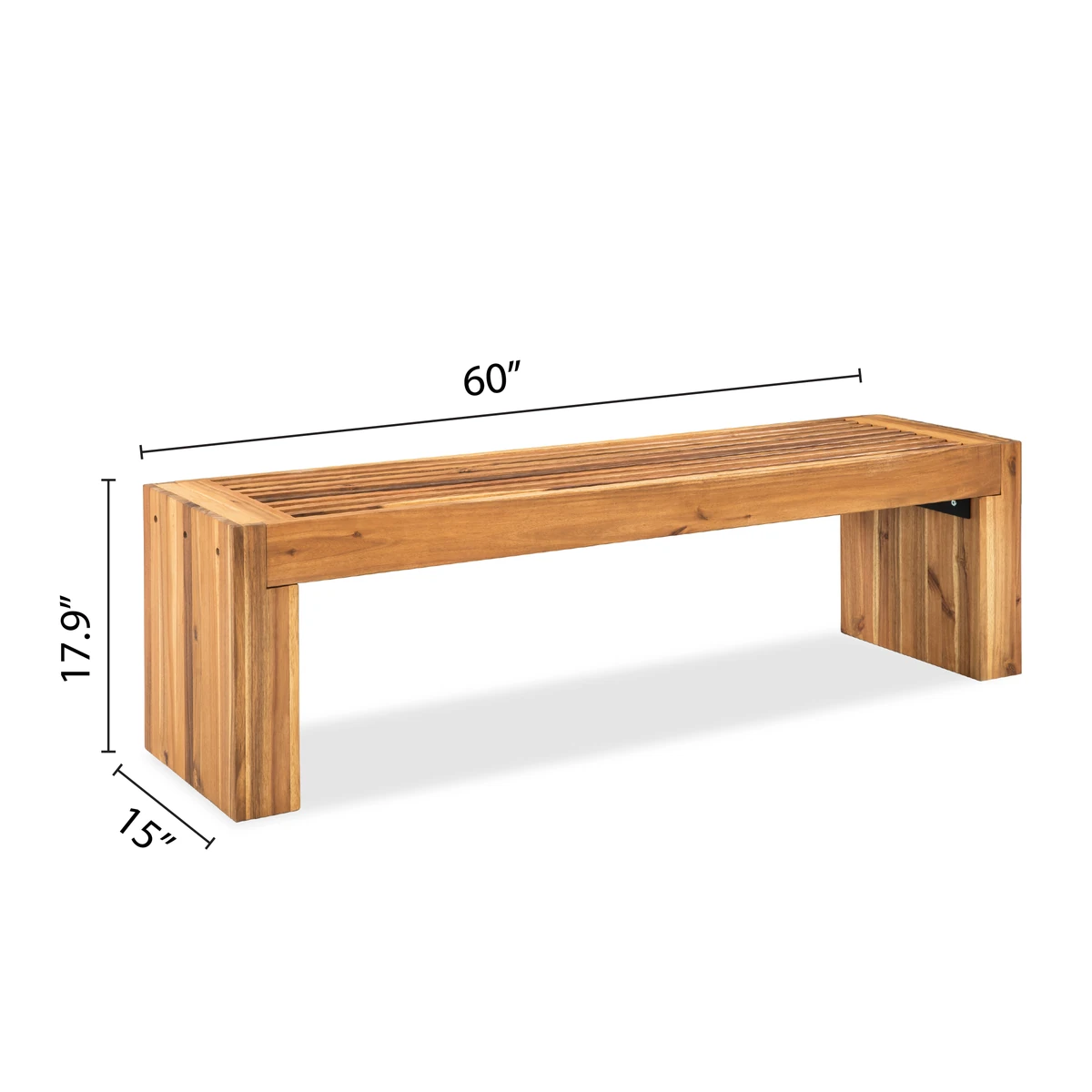 Outdoor acacia bench dimensions 60 x 15 x 17.9 inches