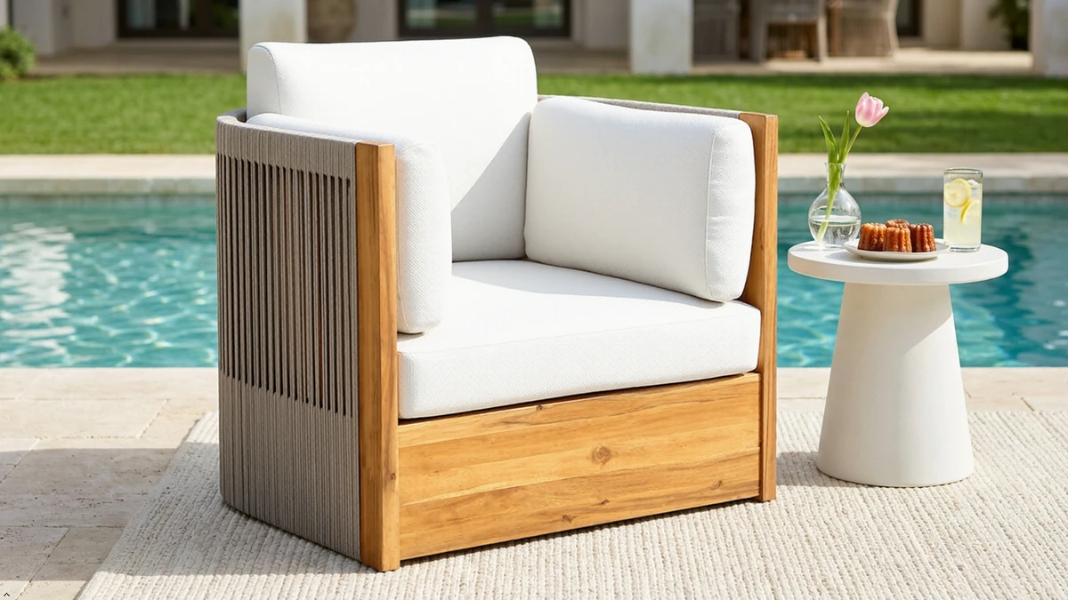 Outdoor swivel chair beside a pool with white cushions and acacia wood frame