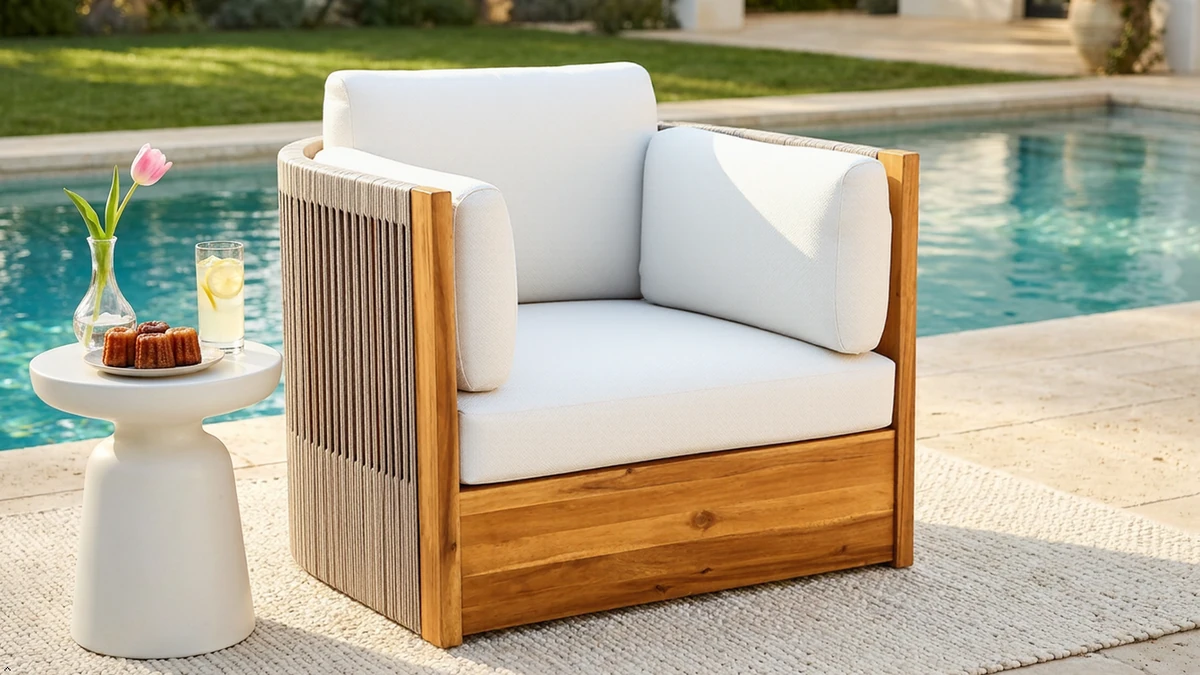 Acacia wood outdoor swivel chair with woven rope sides on a sunny patio