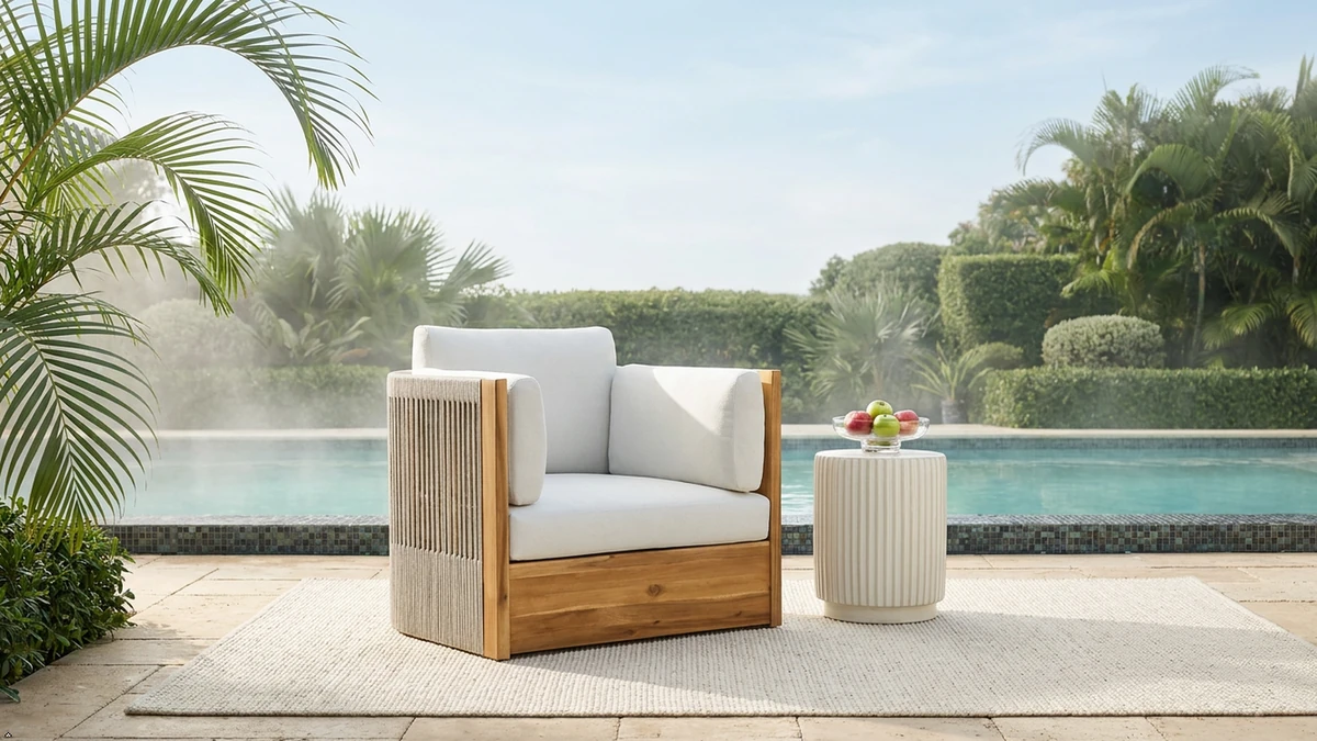 Outdoor swivel chair with white cushions in a landscaped pool area