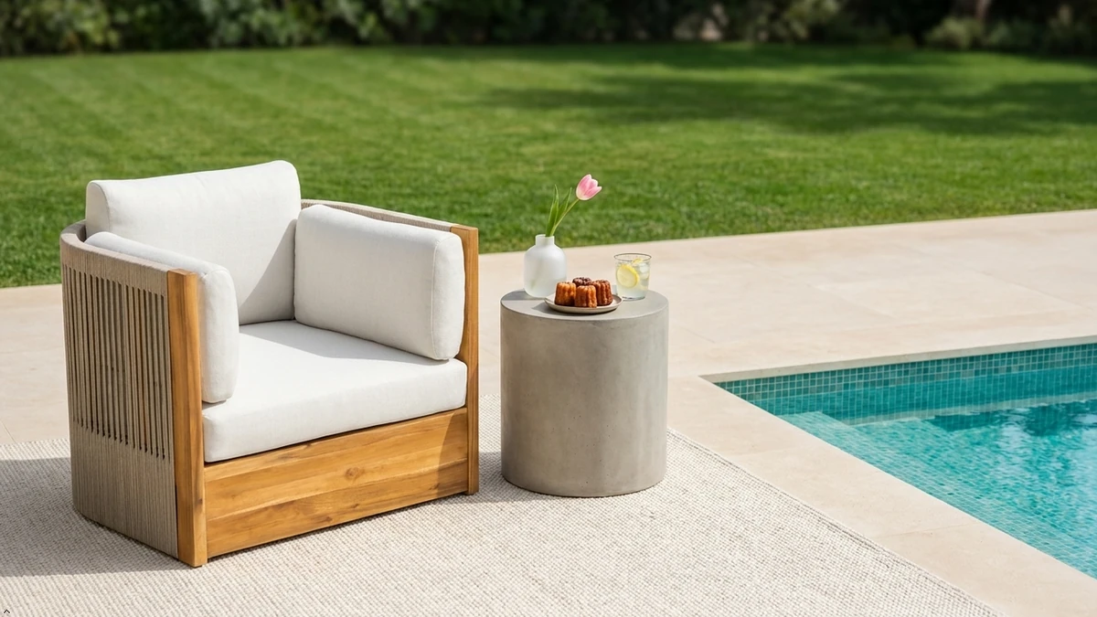 Single outdoor swivel chair positioned beside a swimming pool