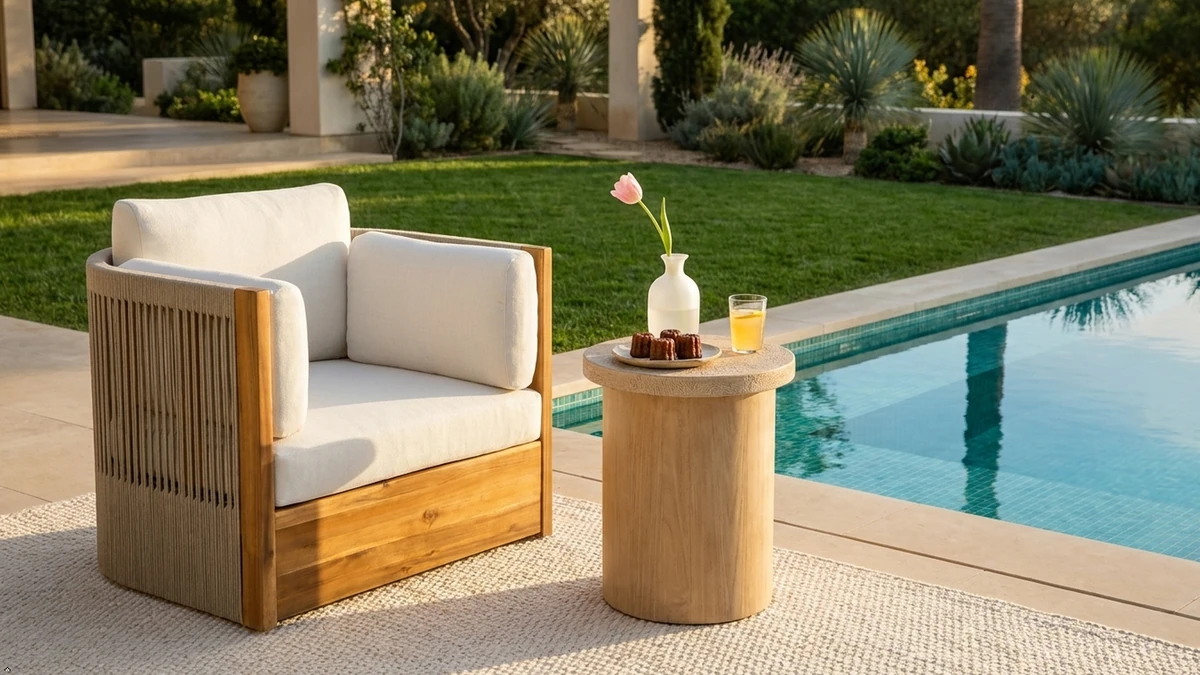 Cushioned acacia wood swivel chair arranged on an outdoor terrace