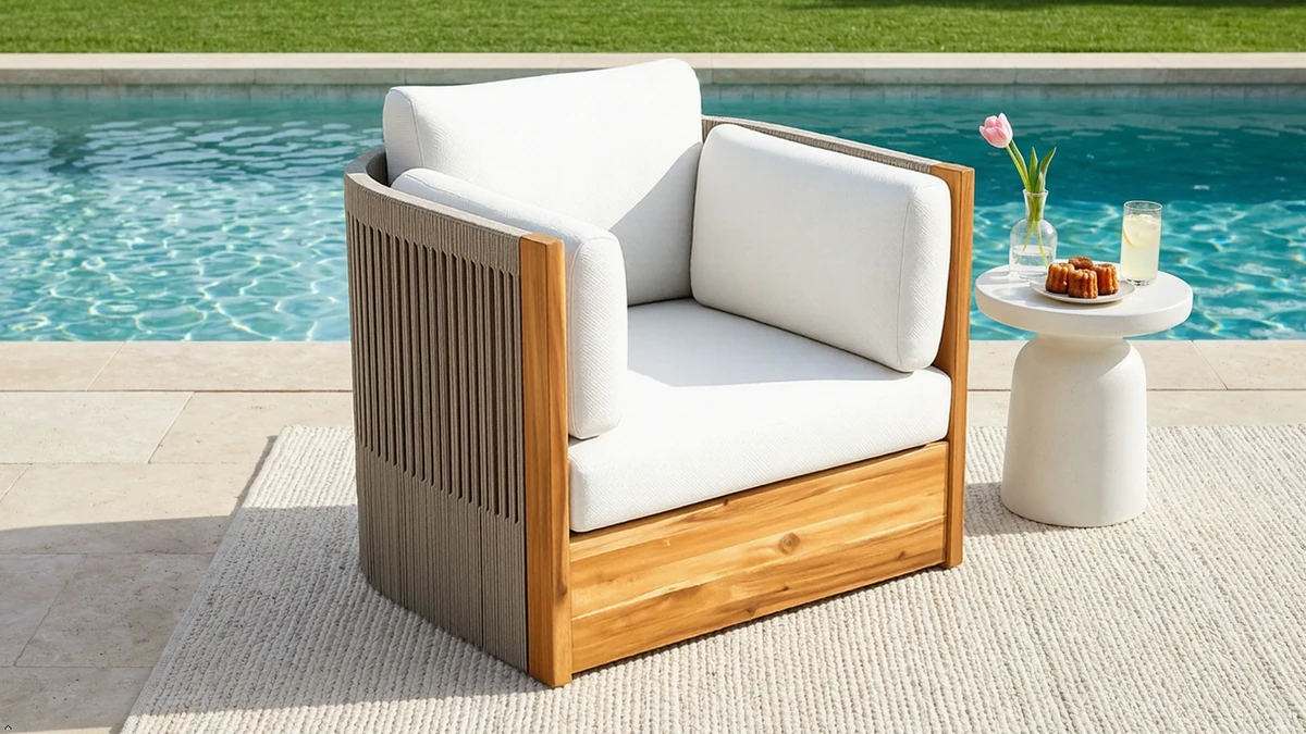 Modern outdoor swivel chair with rope back and solid wood arms