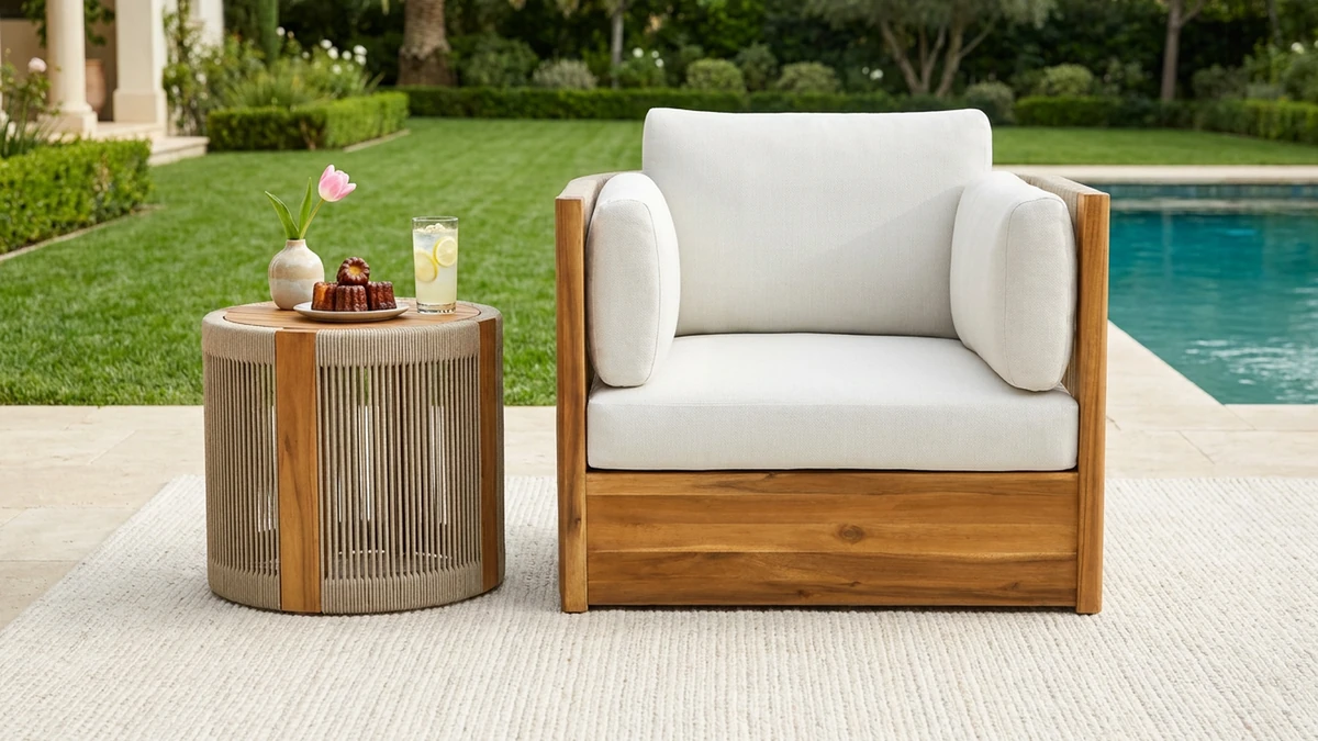 Front view of an outdoor swivel chair with acacia frame and white cushions
