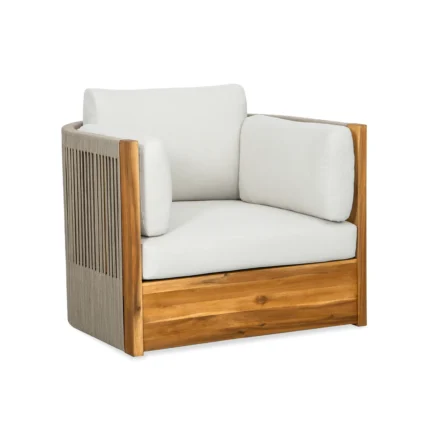 Outdoor acacia wood swivel chair with white cushions