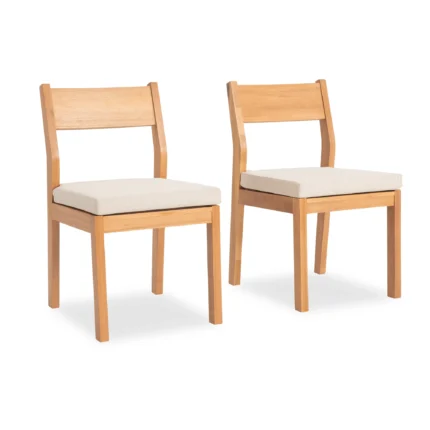 Set of two solid wood patio dining side chairs with cream cushions