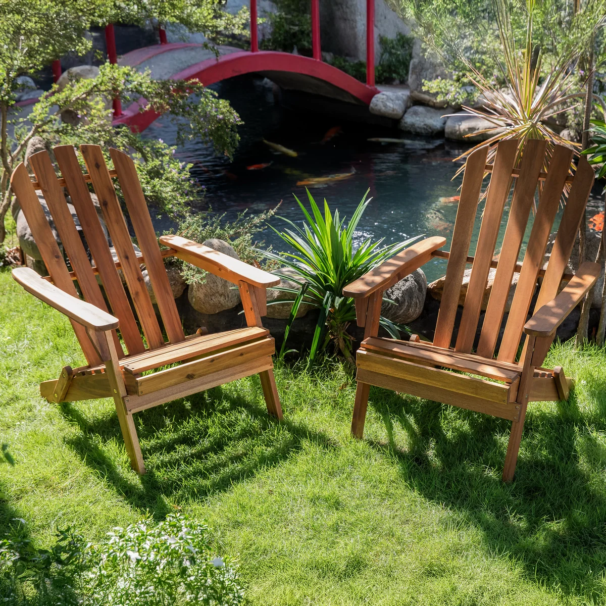 Solid wood Adirondack chair in an outdoor setting